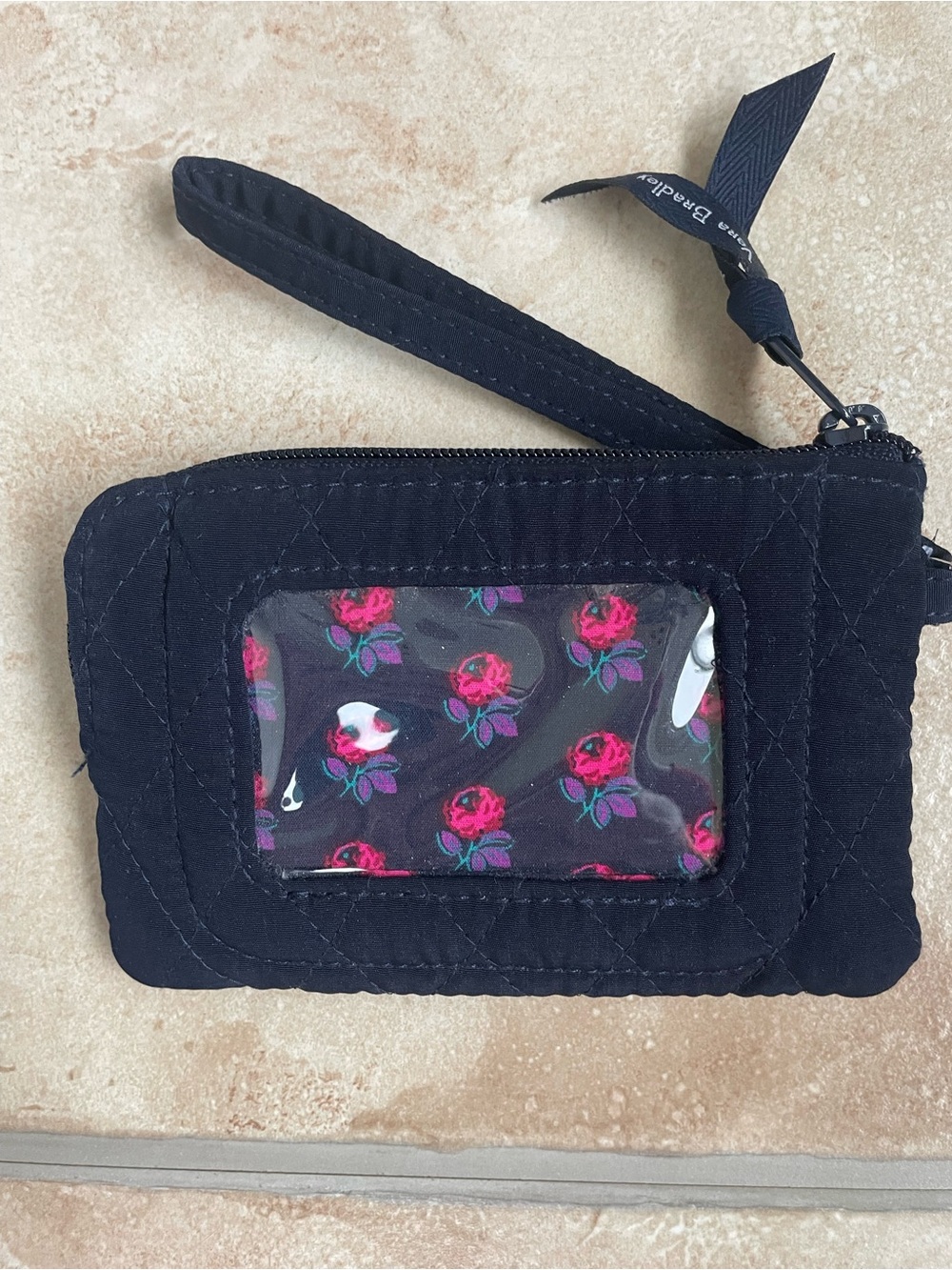 Vera Bradley Navy Blue Zip-Top ID Case Classic Quilted, Pink Floral Interior
